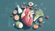 © florynstudio3 - A stylized illustration depicting a healthy human heart surrounded by various nutritious foods, emphasizing well-being and a balanced diet