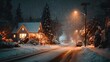 © horizon - Picturesque suburban street at night during a heavy snowfall with glowing streetlights illuminating the falling snow and cozy houses.
