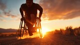 A determined athlete propels forward in a wheelchair amid a stunning sunset, embodying strength, resilience, and the spirit of overcoming challenges in sport.