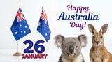 Happy australia day with australian flags a koala and a kangaroo celebrating the national day plain white background and png