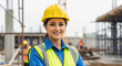 © Saratam Photoplex - A cheerful young Indian female engineer wearing a yellow safety helmet and vest against a blurred construction site background