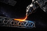 Advanced robotic arm welding a futuristic structure in outer space showcasing technological innovation and the future of construction and automation in extraterrestrial environments