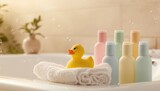 Baby care essentials with shower gels, towels, and a yellow rubber duck, emphasizing hygiene and comfort