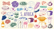 © ARTIST LAB - South Africa Icon Set. African Food. A hand drawn vector collection of braai meat, sausage, wine, corn and traditional dishes for a restaurant menu, travel flyer, and cultural guide.