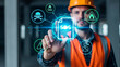 © Creative mind - Construction worker interacting with digital safety data sheet for concept of hazard warning.