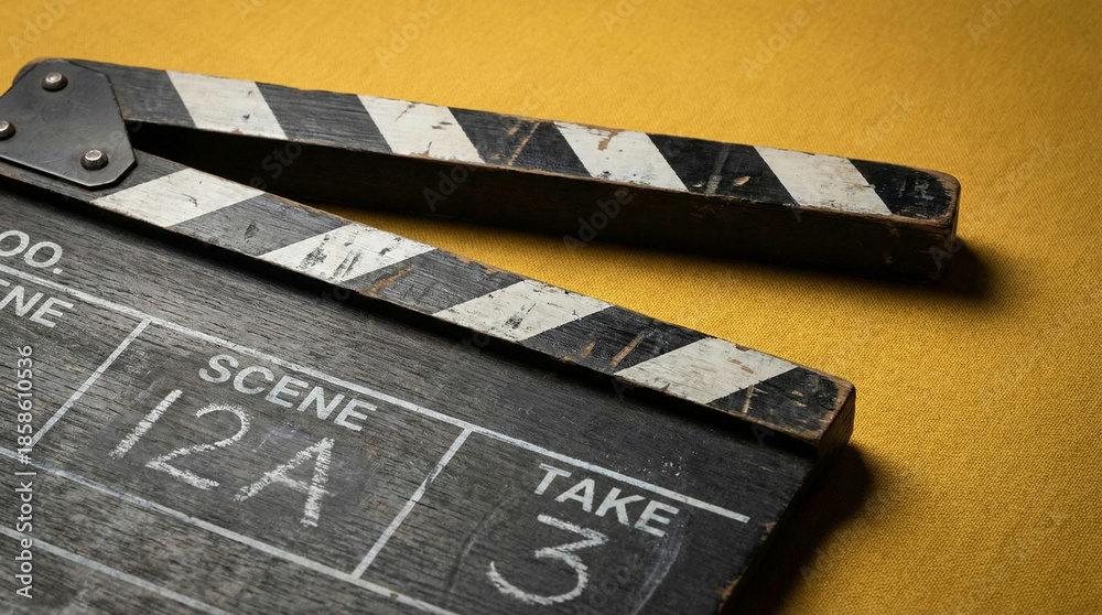 clapper. Vintage clapper board positioned diagonally on a yellow ...
