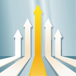 © Rindi - white arrows group in one direction and yellow arrow with different way, business innovations or new strategy vector concept