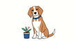 © Gazi - Illustration of a tan and white beagle dog sitting calmly next to a small blue potted plant with a heart shaped flower on white.