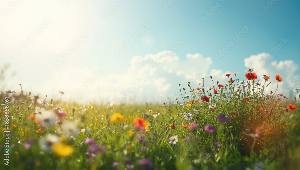 Sunlit spring meadow with flowering plants and blue sky, suited for seasonal backgrounds and editorial headers, World Earth Day