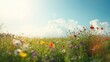 © vxnaghiyev - Sunlit spring meadow with flowering plants and blue sky, suited for seasonal backgrounds and editorial headers, World Earth Day