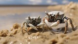 Two tiny crabs with raised claws scurry across wet sand along the sunlit shoreline