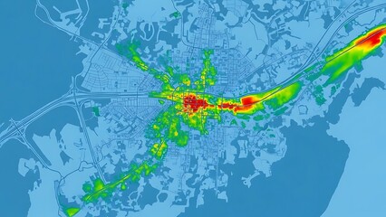  A radar image shows a storm system moving over a coastal city with heavy precipitation indicated by red and green colors on the map.