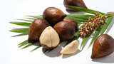 Delicious salak fruit, also known as snake fruit, displayed with lush green leaves and a peeled segment on a pristine white background