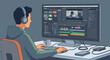 © VectaNoor - Young male video editor wearing headphones sitting at desk editing movie footage on computer screen with complex timeline software interface during post production.