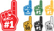 © SK 2008 - Fan foam hands number one set. Vector illustration of sports fan finger gloves with #1 sign. Collection of red, blue, green, black icons for game support. Winner champion concept.