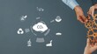 © InfiniteFlow - A dynamic scene depicting hands joining to symbolize collaboration toward carbon reduction, with CO2 graphics highlighting sustainable technology and innovative solutions. Raster
