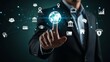 © Karla - A businessman interacts with a digital interface displaying interconnected global technology icons in a modern office setting
