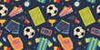 © WinWinFolly - Seamless pattern with soccer equipment and fan accessories. Sport items like ball, jersey, field and uniform. Trendy vector illustration on a dark background, hand drawn, flat design