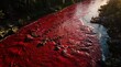 © MEO - Ecological Calamity: River Engulfed in Vibrant Redness from Overhead Perspective