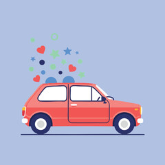  Red compact car with colorful hearts and stars floating above on blue background vector illustration 