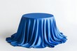 © Icalee - 3D render of a round podium covered with flowing blue cloth for product display.