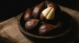 Salak Snake Fruit in Rustic Wood Bowl with Peeled Segment