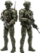 © Amelia Margaret - Two futuristic military android soldiers wearing full camouflage tactical body armor and holding assault rifles stand ready for combat operations robot weapon machine mercenary