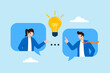 © VZ_Art - Flat illustration of business colleagues exchanging lightbulb idea through chat bubbles symbolizing communication collaboration teamwork and creative discussion process