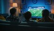 © Netsai - Family of three watching a broadcast sports game on a large TV screen in a dim living room setting.