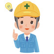 © yurumarukko - 閃く作業服を着てヘルメットを被った男性　上半身イラスト／Man wearing work clothes and a safety helmet having an idea, upper body illustration