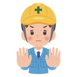 © yurumarukko - 両手のひらで静止する作業服を着てヘルメットを被った男性　上半身イラスト／Man wearing work clothes and a safety helmet making a stop gesture with both palms, upper body illustration