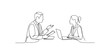 © SR - Continuous one line drawing of Business meeting between man and woman with laptop and documents.