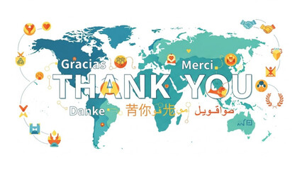  Global Thank You message with diverse cultural greetings and achievement icons representing international appreciation and connection across the world map