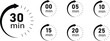 © Habibullah990 - Set of black Countdown timer icons for 0, 5, 10, 15, 20, 25, 30 minutes in circular arrow design, representing stopwatch, cooking time, time tracking, scheduling, deadline, and duration measurement