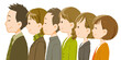 © Dizzi - Ilustración de grupo de seis personas en fila, perfil, estilo japonés, fondo transparente.