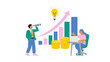© semarjowodesign - A team-oriented business scene showing growth and ideas: a researcher using a telescope, a coder at a laptop, rising bar charts, coins, and a lightbulb symbolizing insight and upward momentum