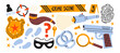 © Limpreom - Crime investigation symbols in retro cartoon style. Gun, magnifying glass and police badge with forensic signs, detective visual language, mysterious investigation atmosphere, elements of criminal