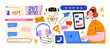 © Limpreom - Customer support service stickers in retro cartoon style. Help desk agent, chatbot assistant and communication tools with messages, laptop and phone interface, friendly tech support atmosphere, online