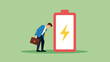 © NFS Studio - Exhausted businessman leaning on a charging battery icon symbolizing work fatigue and energy.
