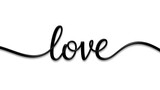 Word love written in continuous black ribbon script style on white background
