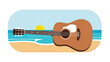 © Tenxi - A cartoon illustration depicts a guitar on a beach with the sun in the sky and the ocean in the background. The art style is flat