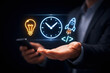 © Technology Mafia - Businessman with holographic clock idea and startup launch icons