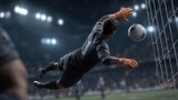 Soccer goalkeeper making a heroic dive, blocking the ball from entering the net during dramatic night a game