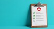 © Pixels Stock - A wooden clipboard displaying a medical checklist with a prominent red cross symbol against a vibrant teal background suggests healthcare assessment