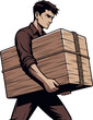 © al - Create a realistic Young man carrying large wooden parcel vector art with white background.