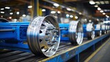 Wheels for heavy machinery are arrayed in a factory setting. The scene displays mechanical manufacturing, the rims are chrome, and the conveyance equipment is blue.