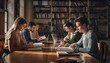 © Benxiumo - A group of focused young adults diligently studying at wooden tables in a well stocked university library