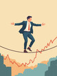 © Sabry - A tightrope walker (male) in a suit wobbling over a graph chart. 'Financial Stress' concept. Flat vector illustration