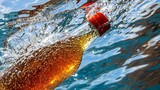 Carbonated drink bottle submerged underwater with rising effervescent bubbles