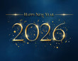 © Monika - Sylwestrowe, niebieskie tło ze złotym napisem 2026, życzeniami 'Happy New Year', złotymi gwiazdami i konfetti